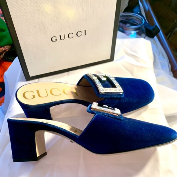 Gucci Madelyn Crystal Logo Blue Velvet Mules - Worn Once - Eu Size 39 - Picture 2 of 5